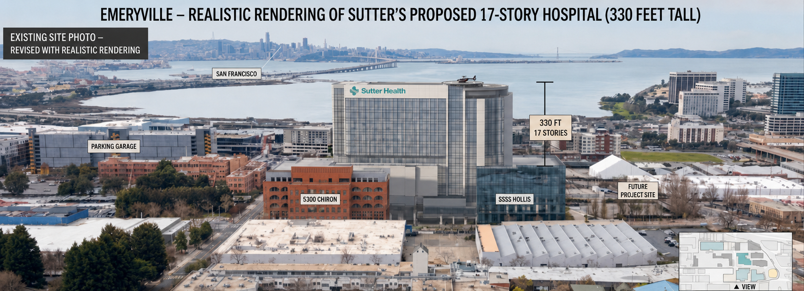 Rendering of the proposed hospital looking toward San Francisco with a reduced helipad